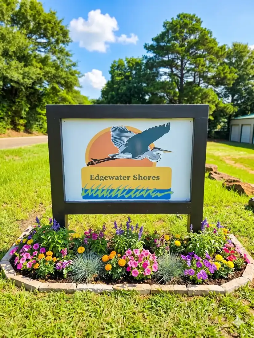 Edgewater Shores neighborhood entrance sign on Lake Palestine near Frankston Texas