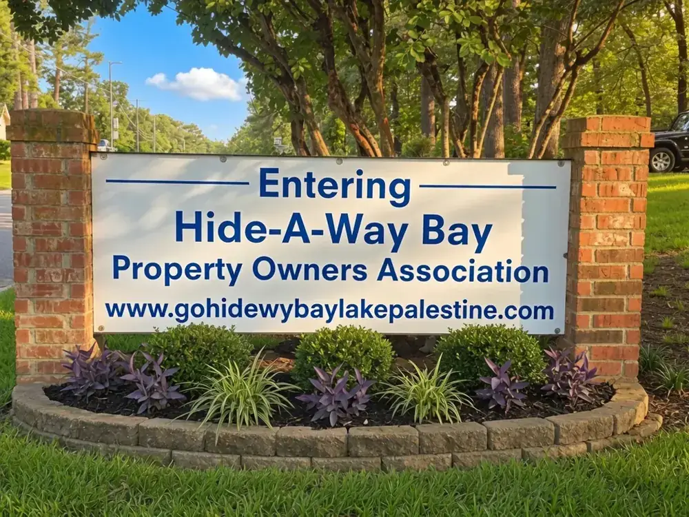 Hide-A-Way Bay Property Owners Association entrance sign on Lake Palestine near Flint Texas