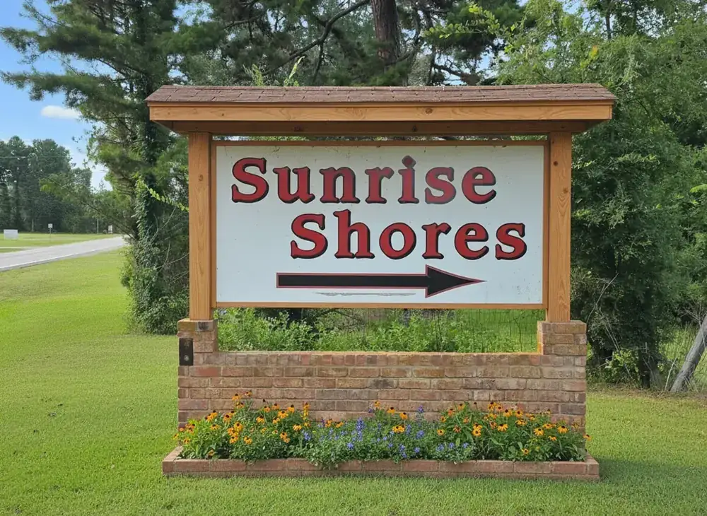 Sunrise Shores neighborhood entrance sign on Lake Palestine Chandler Texas