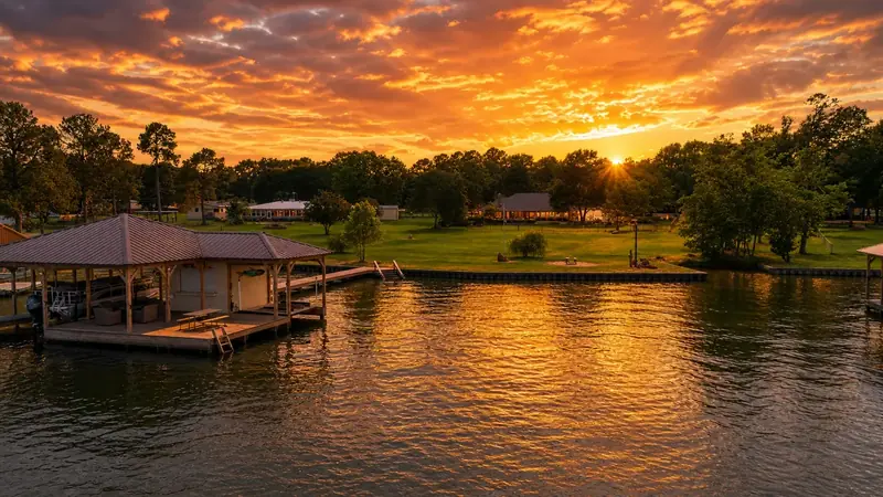 Stunning sunset drone view of Lake Palestine boathouse waterfront home at Sunrise Shores in Chandler TX Henderson County