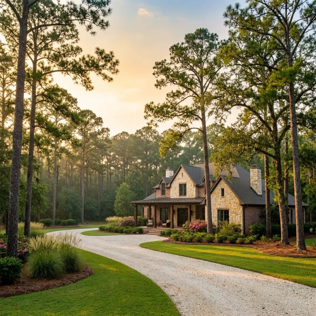 Brick and stone East Texas home behind a landscaped gravel drive, framed by tall pines